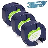 Wonfoucs Compatible Label Tape Replacement for DYMO LetraTag Labeling Refills Self-Adhesive Paper Tape for DYMO LetraTag Label Makers, Black Print on White, 1/2 Inch x 13 feet, 12mm x 4m, 3 Pack