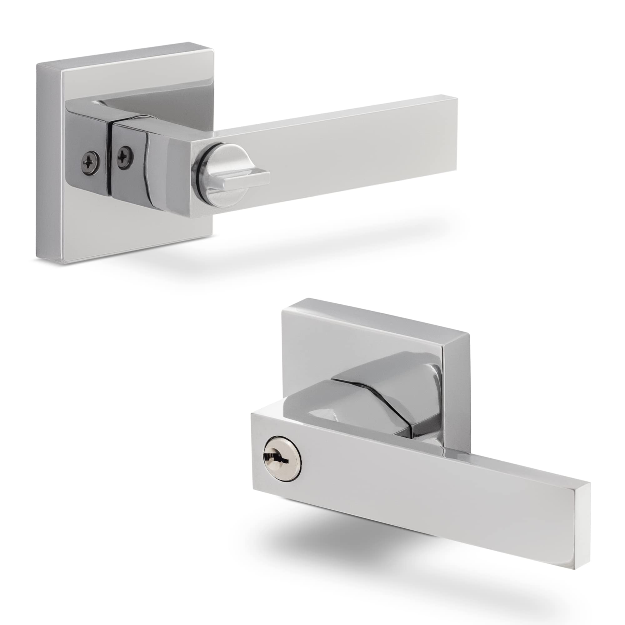 Hentel Entry Door Lever, Door Lever with Lock, Locking Door Handle Set for Heavy Duty Interior Bathroom Bedroom Door Handles Locksets, Reversible for Left Right Side Handed, Chrome Silver
