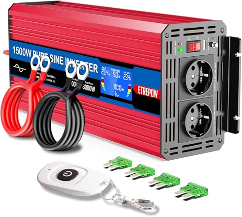 ETREPOW ® 1500W Converter 24v 220v Pure Sine Transformer-2 EU AC and USB Sockets, Wireless Remote Control and LCD Screen Inverter for Solar Systems, Car, Camping, Travel