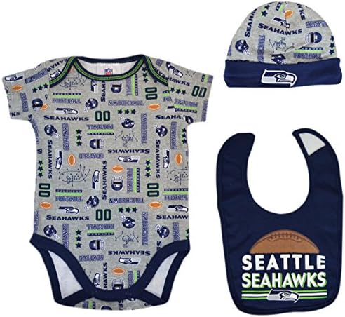  Official National Football League Fan Shop Authentic NFL Baby 3-pc Body Suit Onesie, Cap and Bib Bundled Set (Seattle Seahawks, 3/6 Months)