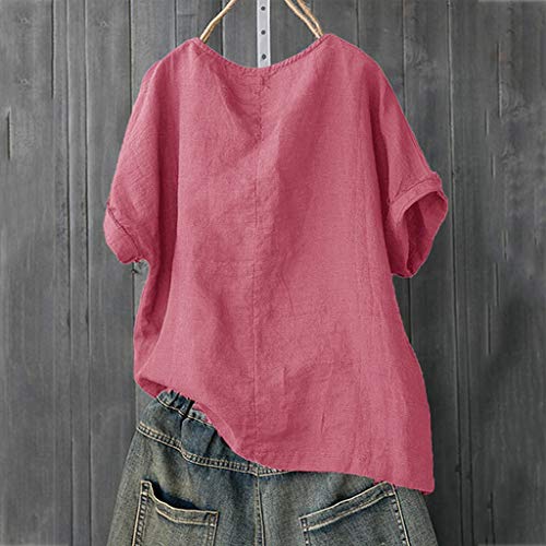 Londony Women Casual Loose Tee T-Shirts Tops Cartoon Printed Rolled Hem Ripped Short Sleeve Pocket Tops Blouse Hot Pink