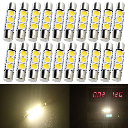 AMAZENAR 20-Pack 50 Lumens Warm White 28MM(1.1") - 31MM(1.25") 12V LED Festoon Light 5050 3-SMD Sun Visor Vanity Mirror LED Bulbs for Vehicle 6615F 6614F 3021 3022 3175 T-2 SF6/6 (Warm White)