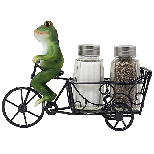 Decorative Frog Riding Bicycle Cart Salt and Pepper Shaker Set Display Stand Figurine for Whimsical Restaurant Dining Room Table Centerpieces or Cottage Kitchen Decor Spice Racks As Housewarming Gifts