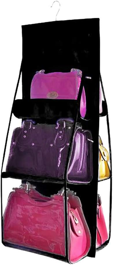 ManFull Portable Storage Bag Container 6 Pocket Clear Purse Handbags Organizer Door Closet Shelf Hanging Storage Bag Black