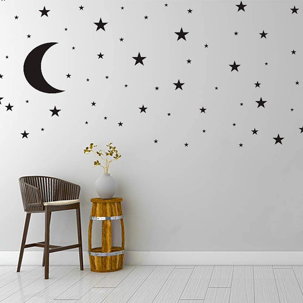 Moon and Stars Wall Decal Vinyl Sticker, Removable Children Kids Art DIY Sticker Mural for Boy Baby Girls Room Decoration Good Night Nursery Wall Decor House Home Bedroom Design (Black)