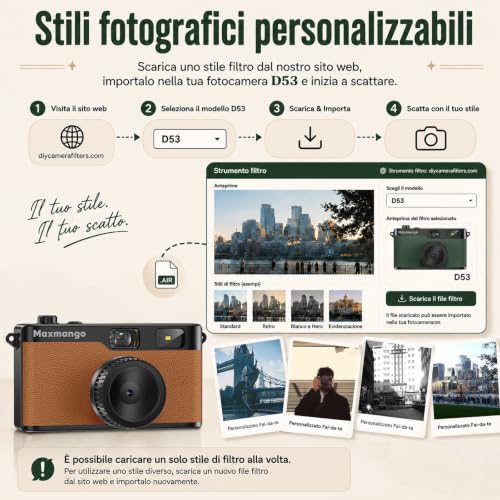 Maxmango D53 Compact Digital Camera Without Screen, Vintage Retro Camera 12 MP Capture Real Moments, Downloadable DIY Filters, USB-C, 8 GB SD Card Included, Up to 4000 Photos (Brown)