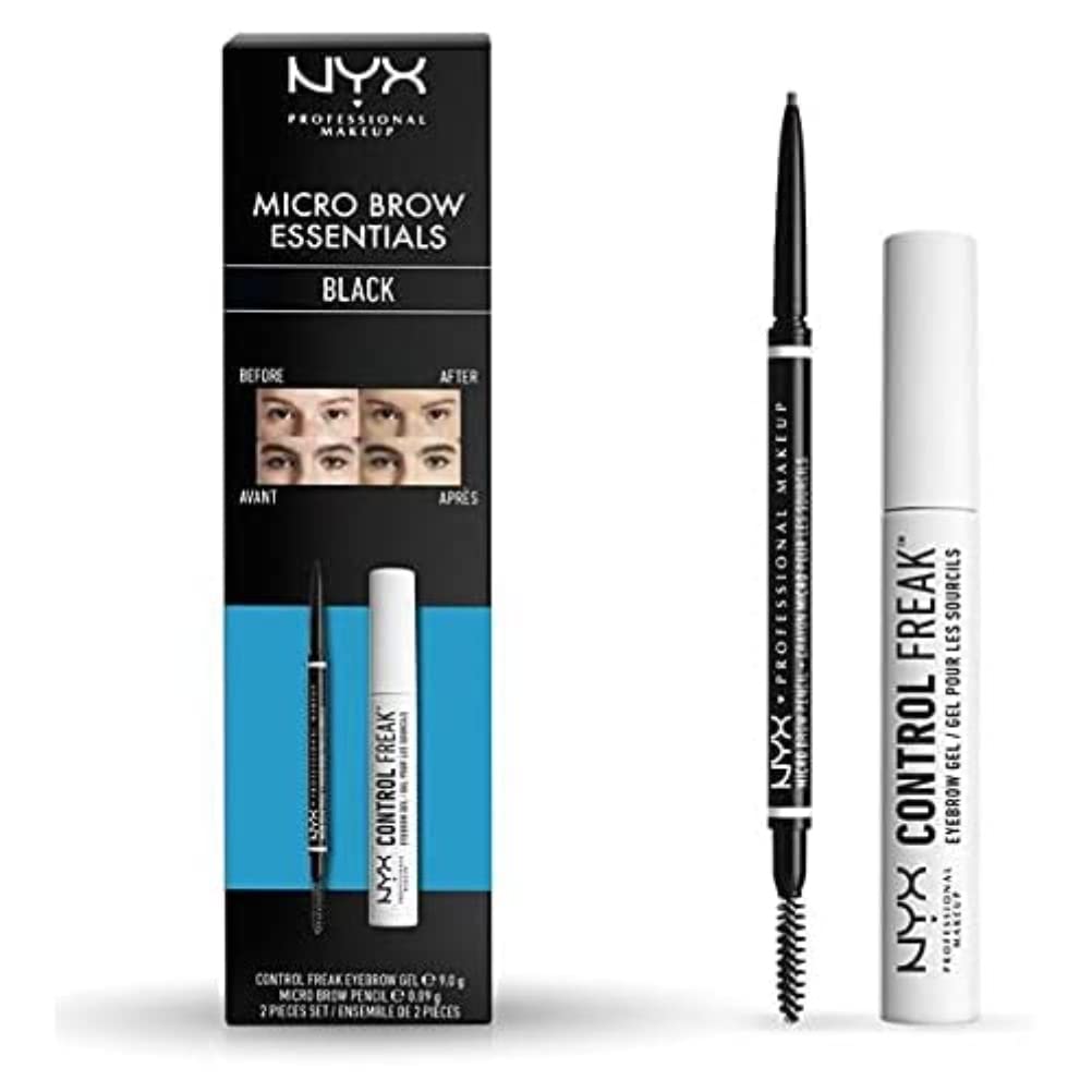 NYX Professional Makeup Brow Essentials Micro Brow Pencil & Control Freak Clear Brow Gel Duo Set, Shade: Black