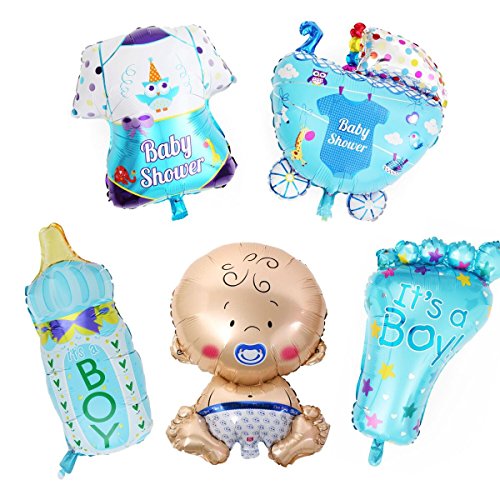 LAttLiv Mylar Balloons 5 Pcs Set Baby Shower Decorations For Boy With 100 Free Spot Glue