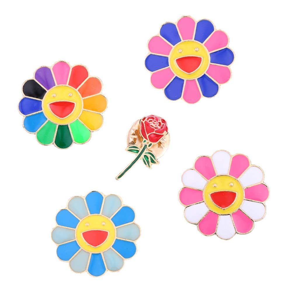 Belons 5 Pcs Colorful Smile Sunflower Rose Brooch Enamel Brooch Collar Broach Lapel Pin Badge Clothes Accessories Bag Decor Jewelry Gift