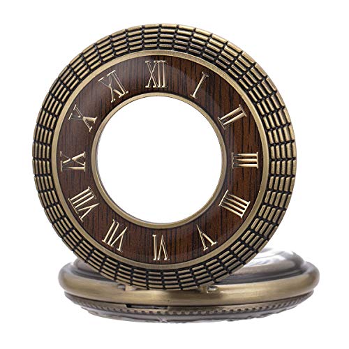 Pocket Watch Skeleton Mechanical Men Imitation Wood Luminous Hands Roman Numerals Chain Box
