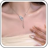 Erimberate Bohemian Crystal Butterfly Choker Necklace Silver Butterfly Pearl Pendant Necklace Blue Enamel Butterfly Necklace Teardrop Cz Tassel Chain Necklace Jewelry for Women Gifts