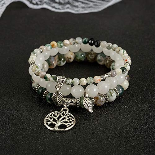 FANCY SHINY Gemstone Bead Bracelets Tree of Life Charms Yoga Healing Stone Bracelet Set for Women(Auatic Agate) - Thumbnail 6