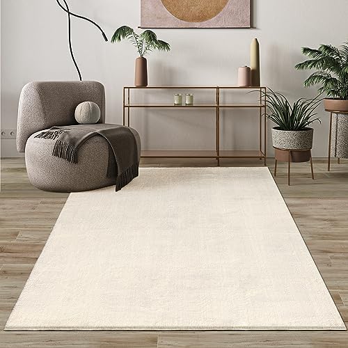 Mia's Teppiche Comfort Moderner Flauschiger Kurzflor Teppich, Anti-Rutsch Unterseite, Waschbar bis 30 Grad, Super Soft, Felloptik, Beige, 140 x 200 cm