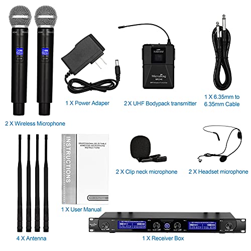 MicrocKing Wireless Microphone System,with 2 Handheld Mics and 2 Lavalier Bodypacks, Metal Build, Fixed Frequency, Long Range 400 FT, Ideal for Party Wedding Church Conference Speech