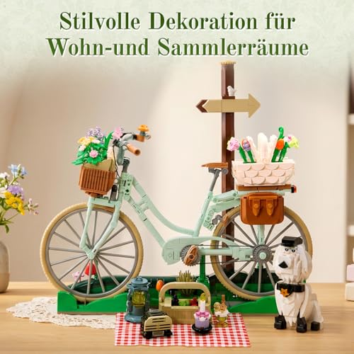 PANTASY Flower Bicycle Clamping Blocks Set, Vintage Decoration Model | Flower Bicycle Construction Set for Adults, Vintage Decoration Model with Flower Baskets, Picnic Scene, Puppy, Gift