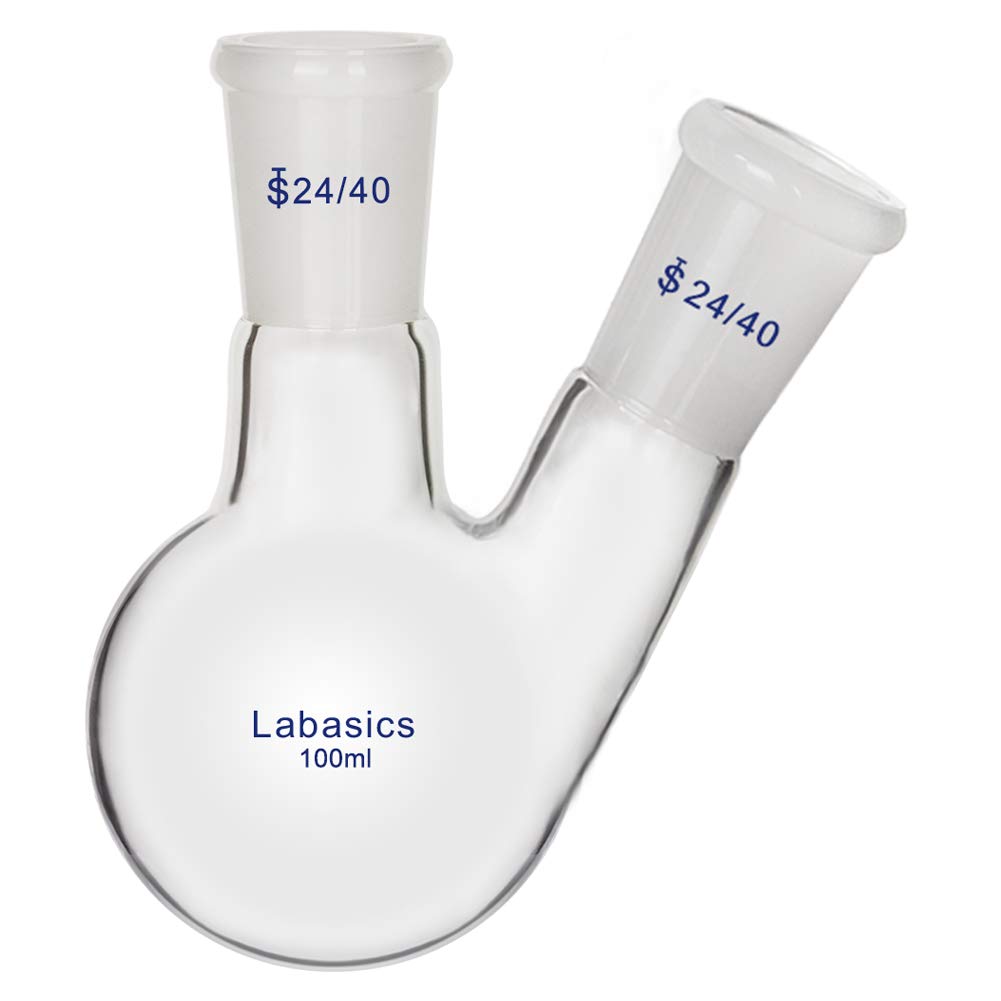 Labasics Glass 100ml 2 Neck Round Bottom Flask RBF, with 24/40 Center and Side Standard Taper Outer Joint, 100ml