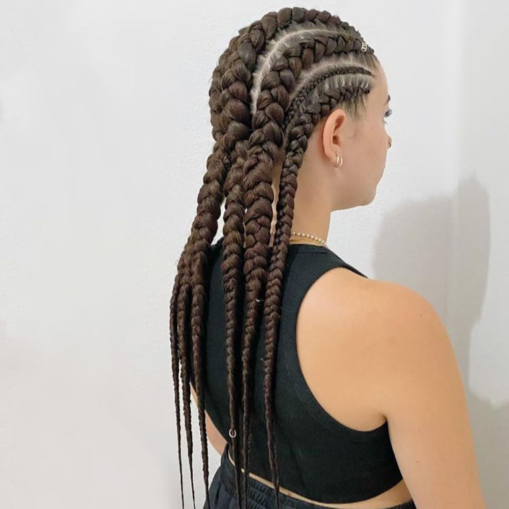 Karissa Hair Brown 5 Braid Wig Fully Handmade Brown Mix Blonde Braid Wig Synthetic Mix Color Braid with Baby Hair Heat Resistant Fiber 5 Braided Makeup Daily Wigs for Women 24 Inch