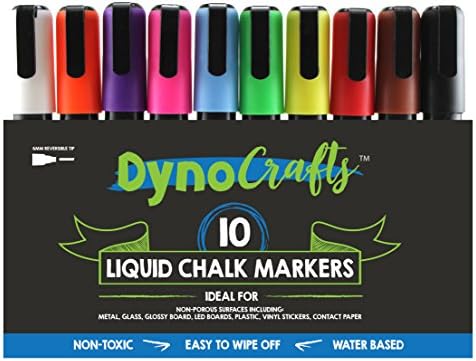 DynoCrafts Liquid Chalk Markers, 6mm Reversible Tip, 10-pack, Assorted Bright Colors, Non-Toxic