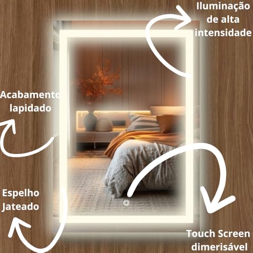 Espelho jateado lapidado decorativo Retangular Vertical ou horiontal 70x50cm luz led touch Dimerisável luxo iluminado (Led frio)