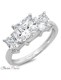 Clara Pucci Anillo solitario de 3 piedras de 2.9 quilates, corte princesa, para aniversario, compromiso, boda, alianza de oro blanco de 14 quilates
