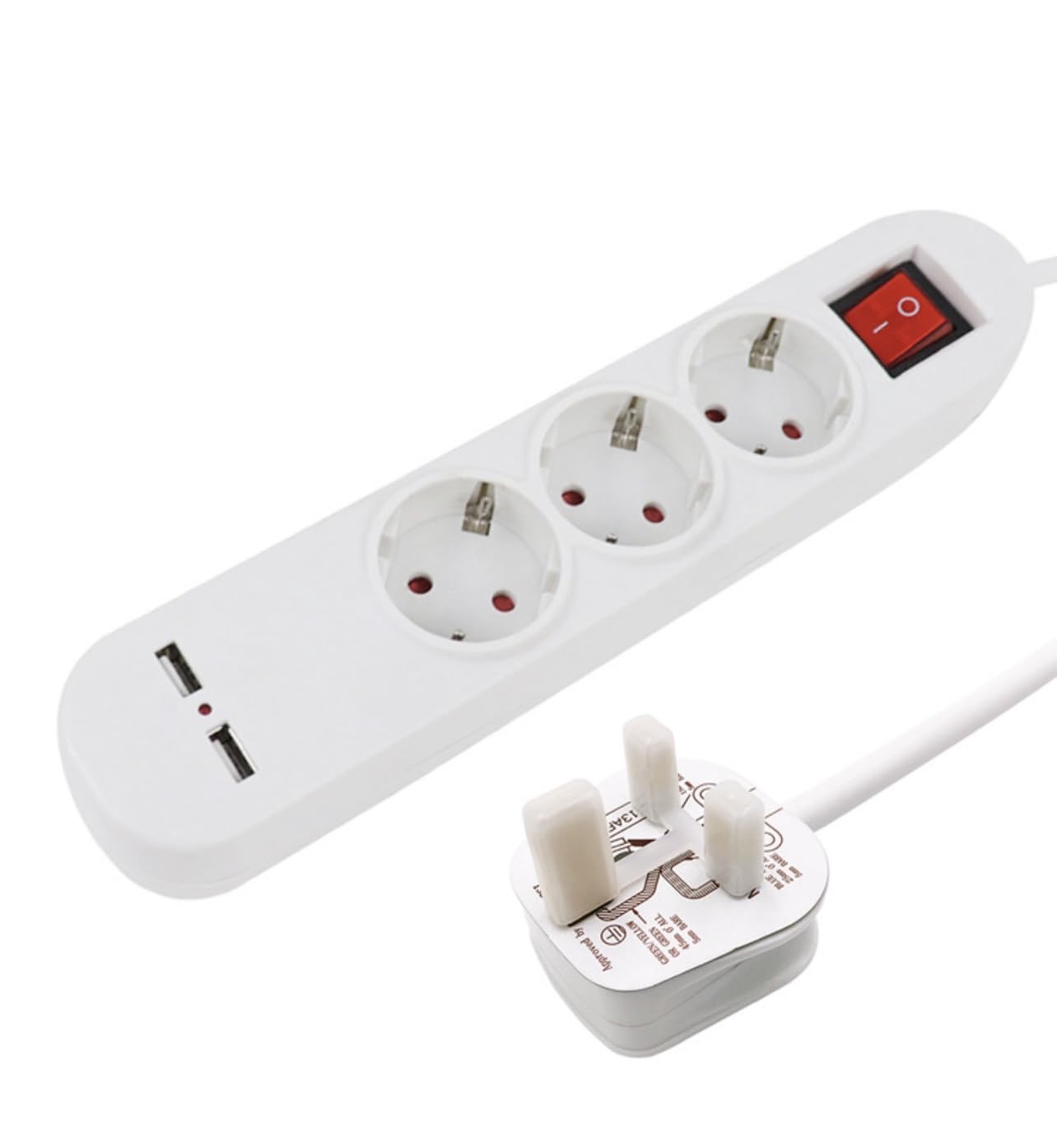 EU Europe to UK Travel Adapter Adaptor 1.5m Extension Lead 3 Way Schuko Sockets plus 2 USB fitted with Type G UK plug