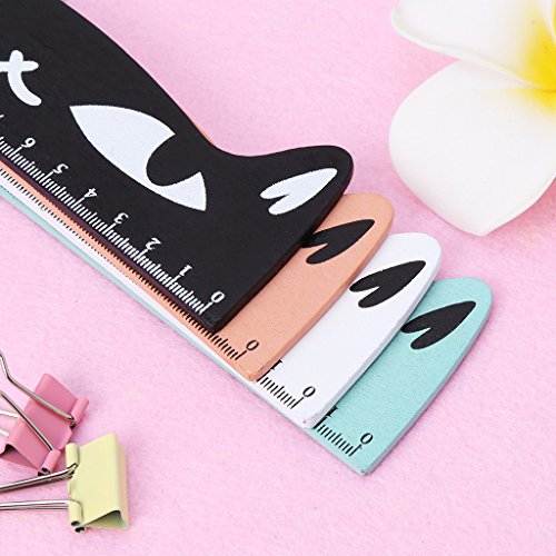 Qupida Kawaii Cute Cartoon Cat Wood Straight Ruler Measuring Tool Student Gift Office (Lake Blue)