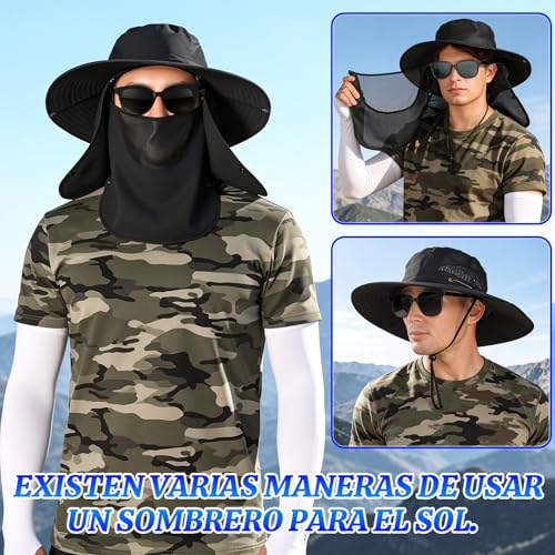 Yanlin 3pcs Sombrero Pesca Sol Protección, Sombrero para Sol UPF 50, con Gafas de Sol, Mangas de Protección Solar, Diseño Desmontable, Impermeable, para Actividades al Aire Iibre