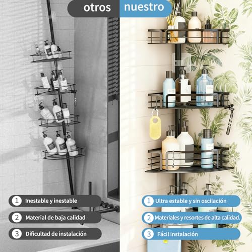 Organizador Para Baño Esquinero Regadera,Organizador de Baño Regadera Esquinero Con hebilla Ajustable 60-118 inch,con 4 estantes,1toallero y 4 ganchos,acero inoxidable,la oxidación,para cocina baño.