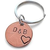 Custom Hand Stamped Personalized Penny Keychain Initials With Heart Around Year & Other Options, Anniversary Gift, Husband Wife Key Chain, Boyfriend Girlfriend Gift, Customized Couples Keychain