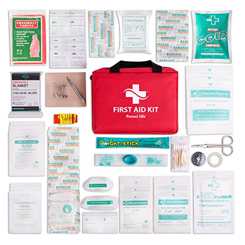 Protect Life First Aid Kit for Car, Home, Traveling, Camping, Office or Sports | 200 Pieces Bag Equipped with Medical Supplies for Emergency and Survival