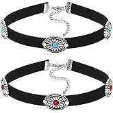 CALFOVERA 2PCS Western Adjustable Turquoise Choker Necklaces 2 Colors Black Velvet Gothic Floral Pendant Choker Necklaces Boho Country Concert Collar Outfits Jewelry Accessories for Women Gift