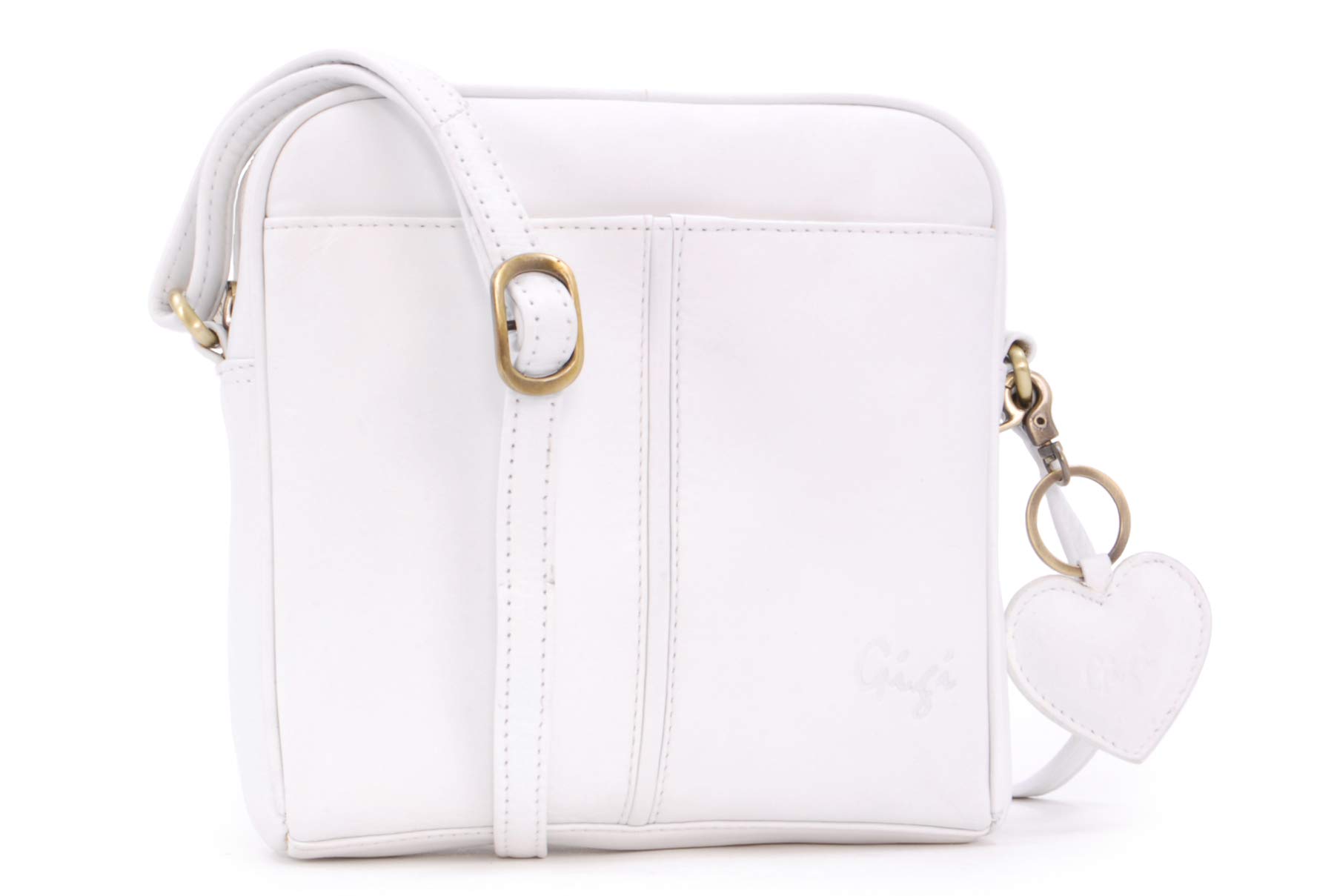 Gigi - Ladies Small Leather Crossbody Bag - Handbag With Long Adjustable Shoulder Strap - With Heart Keyring Charm - Othello 22-29 - White