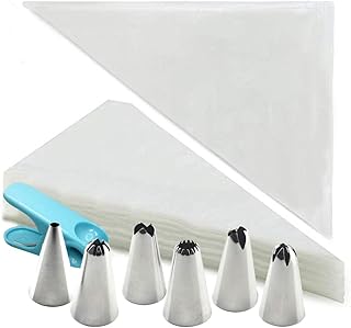 HAKACC 100 STK. Große Einweg Spritzbeutel, Spritztüte mit 6er Edelstahl Spritztüllen zum Backen und Dekorieren von Torten Kuchen