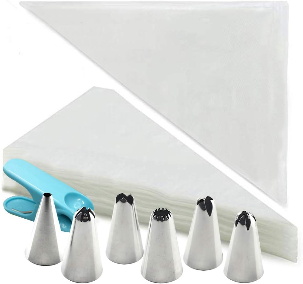 HAKACC 100 STK. Große Einweg Spritzbeutel, Spritztüte mit 6er Edelstahl Spritztüllen zum Backen und Dekorieren von Torten Kuchen