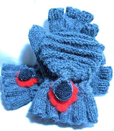 Hand Knit Wool Half Finger Gloves With Hoodie, 100% Wool Fingerless Gloves, Gray Wool Gloves, Convertible Wool Gloves, Wool Gloves with Felted Flower Embellishment