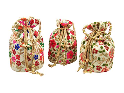GoldGiftIdeas Women's Raw Silk Floral Ethnic Rajasthani Potli Bag (Multicolour) -Set of 3