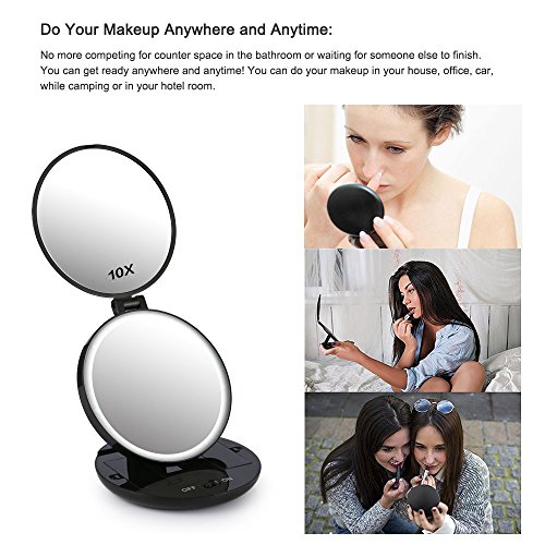 1X/10X Vanity Mirror, SILKY SELECT Tri-fold Travel Lighted Makeup Mirror Illuminated with 6 LED Lights, Standing Double Folding Mirror for Eye Makeup, 10X Magnifying, Compact for Women-Black