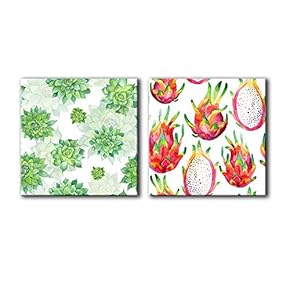 2 Panel Square Canvas Wall Art - Watercolor Style Succulent Plant and Dragon Fruit - Giclee Print Gallery Wrap Modern Home Art Ready to Hang - 12"x12" x 2 Panels