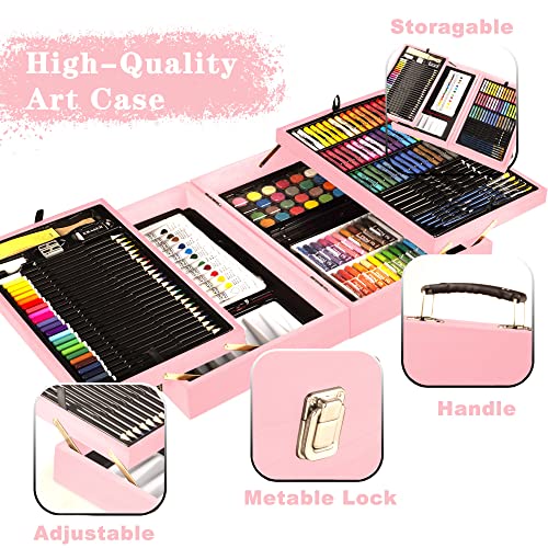 KINSPORY Art Supplies, 168-Pack Deluxe Wooden Art Set Crafts Drawing Painting Coloring Kit, Coloring Book, Sketch Pads Creative Gift Box for Adults Artist Beginners Kids Girls Boys (Pink)