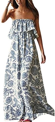 Delismile Women Summer Blue and White Porcelain Strapless Boho Maxi Long Dress as pictureLarge
