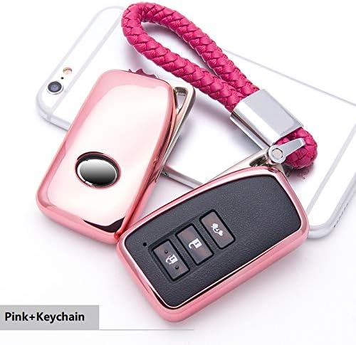 JFtown Lexus Car Key Cover - Soft TPU Silicone Protective Key Fob Cover for LEXUS/RX200T/IS/CT/GS/NX200/ES250/ES300H 3-4 Button Smart Key Cover Key Case Key Fob with Keychain (Pink)