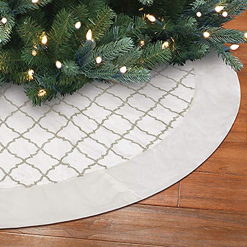 New Traditions 56 Inch Velvet Tree Skirt with Faux Fur Border and Gold Glitter Design - Ivory