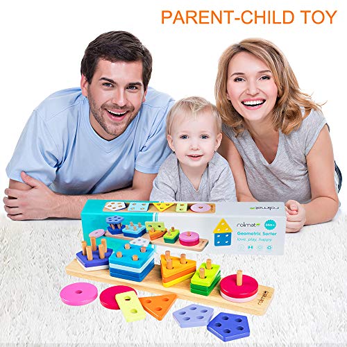 rolimate Wooden Educational Shape Color Recognition Geometric Board Block Stack Sort Chunky Puzzle Toys, Birthday Gift Toy for Age 3 4 5 Years Old and Up Kid Children Baby Toddler Boy Girl (ZY-201)