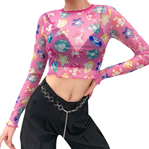 Women Mesh Angel Shirt Sexy Crop Tops Club Slim Casual Top Angel Print Graphic Vest See Through Summer