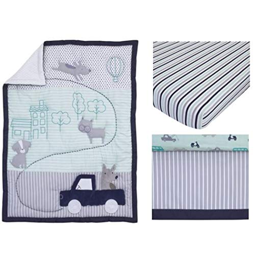 3 Piece Grey Navy Blue Aqua Boys Cars Crib Bedding Set Newborn Animal Themed Nursery Bed Set Infant Child Gray Dogs Cats House Trees Blanket Comforter Bold Border Stripe Pattern Polyester Cotton