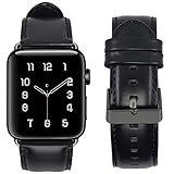 RUOQINI For Apple Watch Band 38MM, Retro Genuine Leather Strap Replacement Band for Apple Watch Series 3/2/1 (Black with Black Metal)