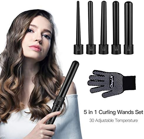 5 in 1 Curling Wand, CkeyiN Professional Hair Curling Iron Set with 5 Interchangeable Ceramic Barrels and Heat Protective Glove