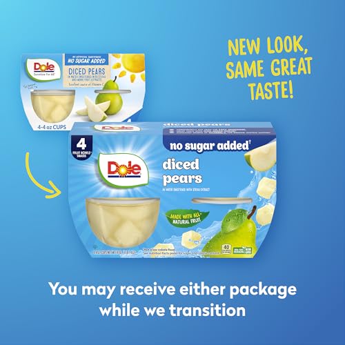 DOLE DICED PEARS WITH NO SUGAR ADDED† – DOLE FRUIT BOWLS SNACKS – 4 OZ FRUIT BOWLS – 4 PACK