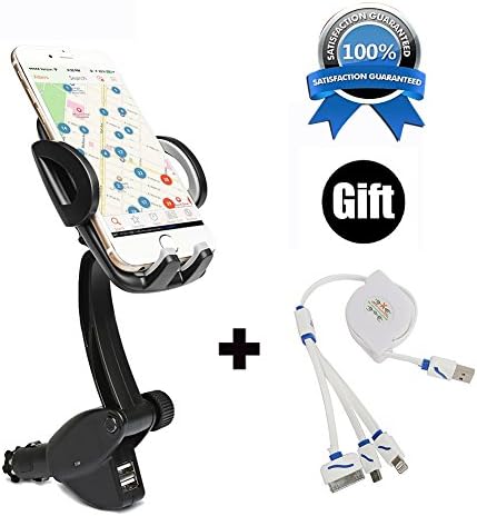 Car Phone Mount Charger, 360-Degree Goose-neck Mobile Phone Car Holder,GPS Navigation Charging Cradle For iPhone/Samsung Galaxy Galaxy with Dual USB+Retractable 4-in-1 Charging Cable (black)
