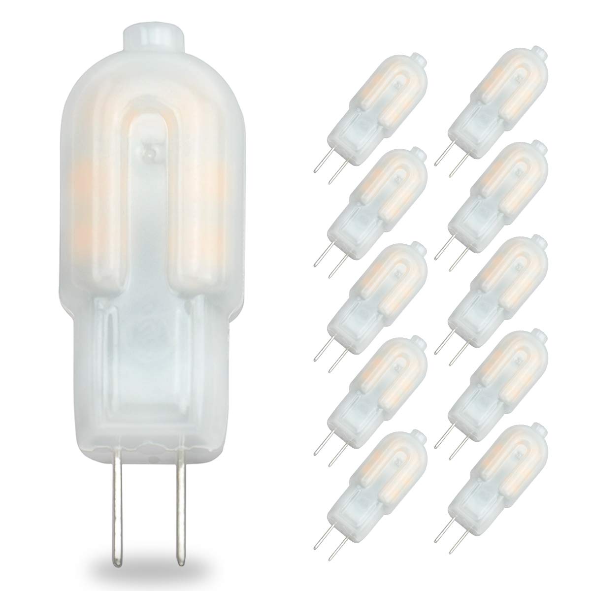 Pocektman 10 Pack, G4 LED Bulb, 2W Bi Pin Base,Milky Case,20W Halogen Bulb Replacement, AC/DC 12V, Under Cabinet Light (Warm White 3000K, 10-Pack)